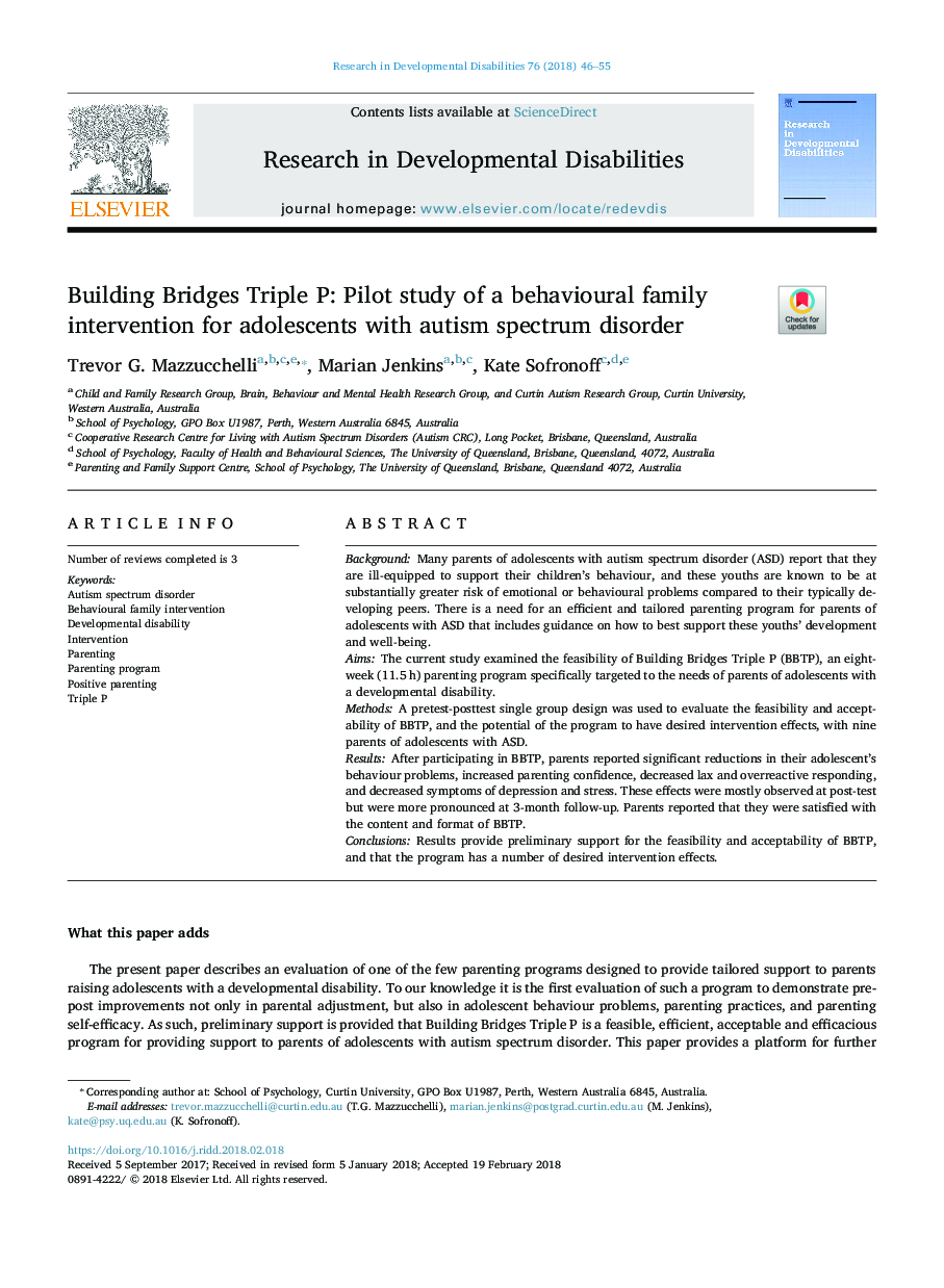 Building Bridges Triple P: Pilot study of a behavioural family intervention for adolescents with autism spectrum disorder