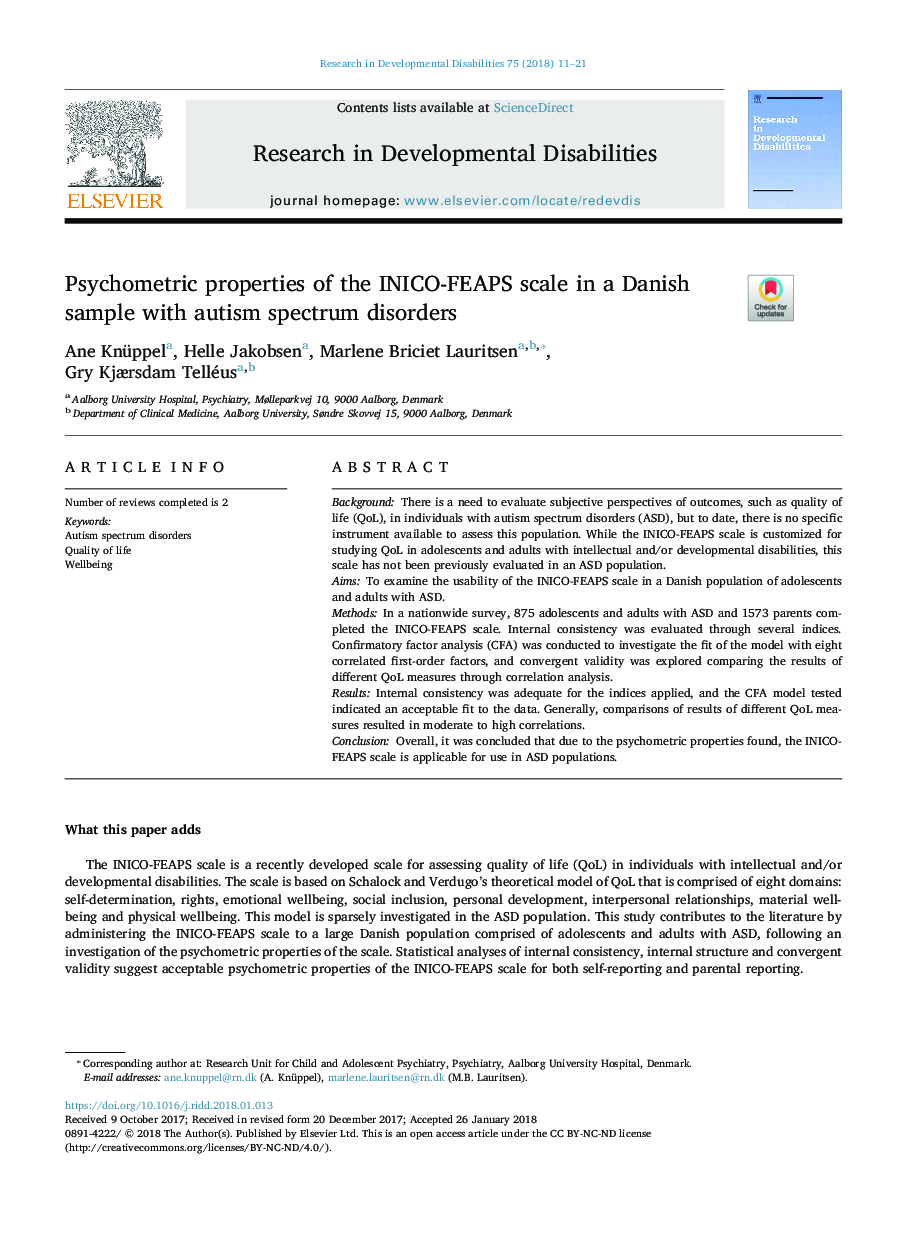 Psychometric properties of the INICO-FEAPS scale in a Danish sample with autism spectrum disorders