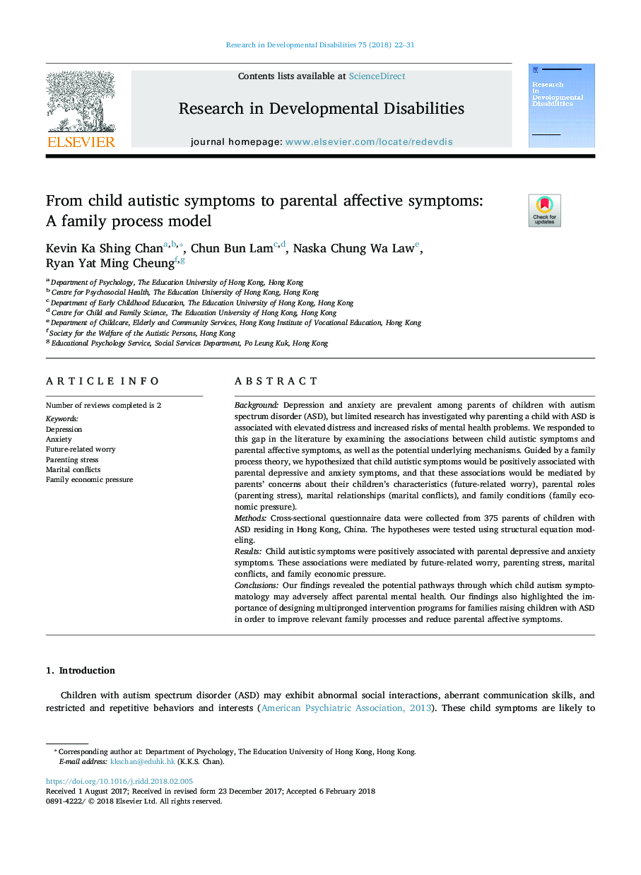 From child autistic symptoms to parental affective symptoms: A family process model