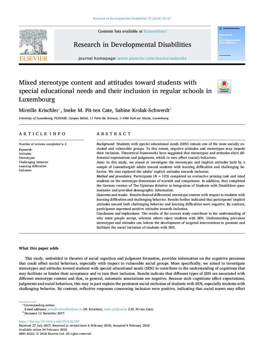 Mixed stereotype content and attitudes toward students with special educational needs and their inclusion in regular schools in Luxembourg