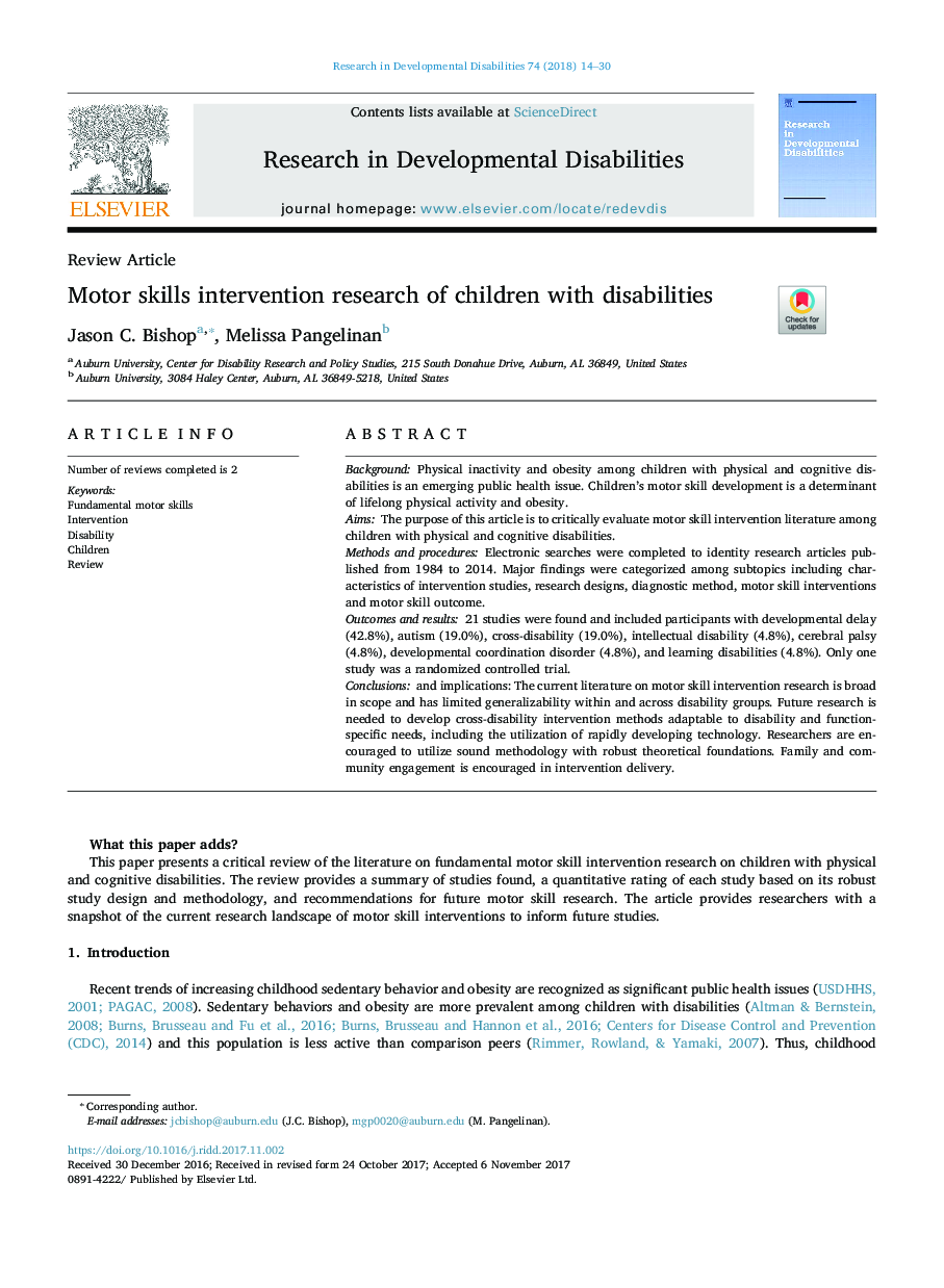 Motor skills intervention research of children with disabilities