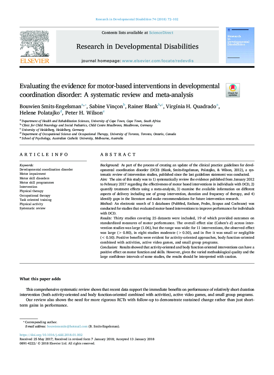 Evaluating the evidence for motor-based interventions in developmental coordination disorder: A systematic review and meta-analysis