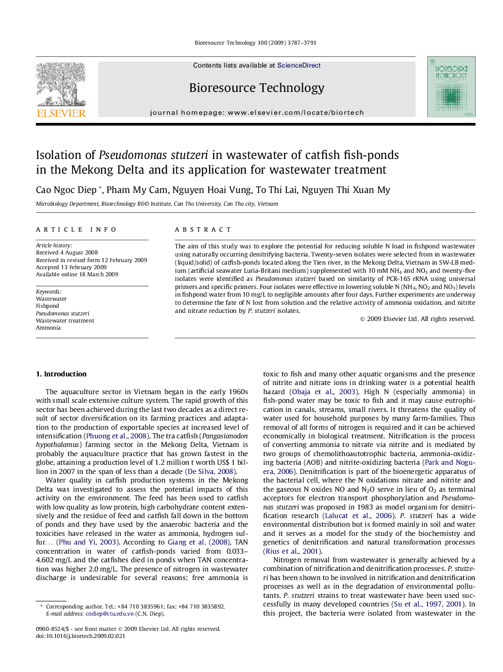 Isolation of Pseudomonas stutzeri in wastewater of catfish fish-ponds in the Mekong Delta and its application for wastewater treatment