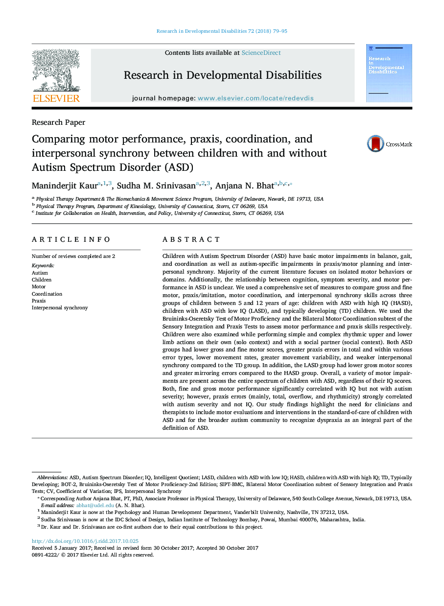 Comparing motor performance, praxis, coordination, and interpersonal synchrony between children with and without Autism Spectrum Disorder (ASD)