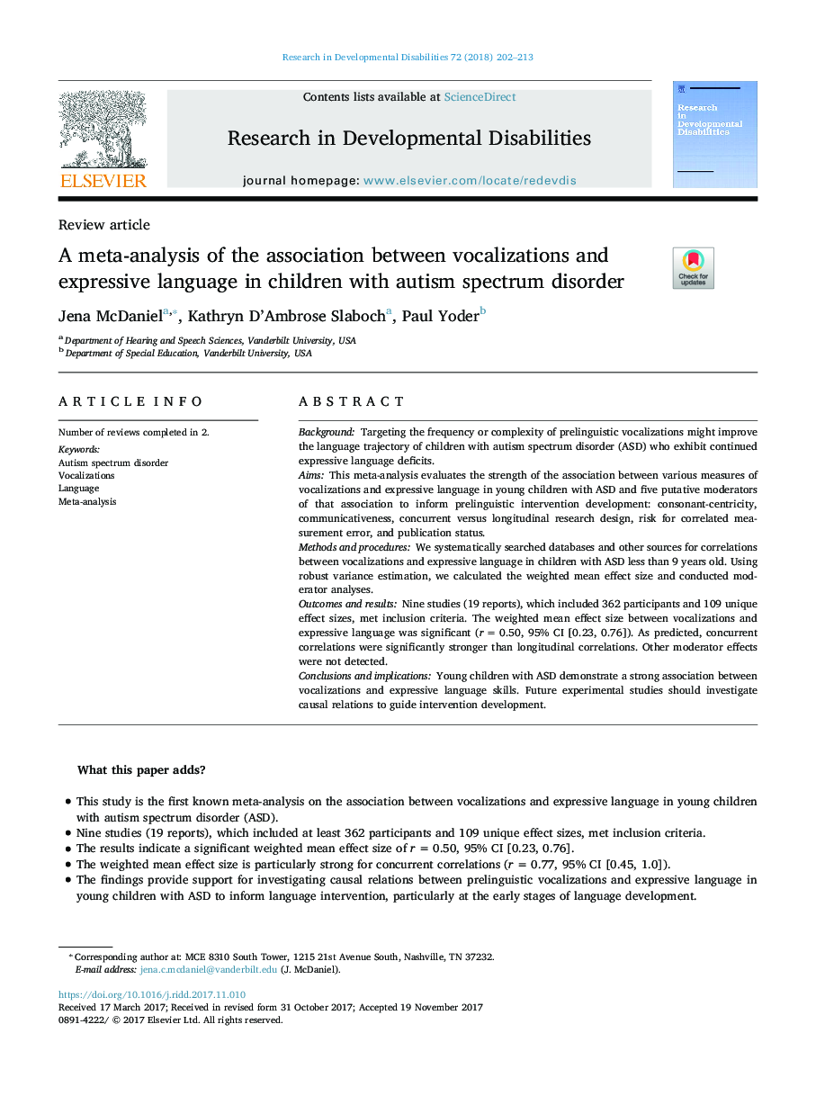 A meta-analysis of the association between vocalizations and expressive language in children with autism spectrum disorder