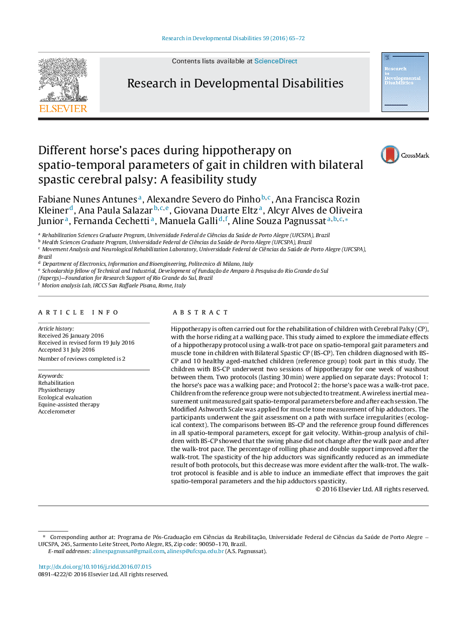 Different horse's paces during hippotherapy on spatio-temporal parameters of gait in children with bilateral spastic cerebral palsy: A feasibility study