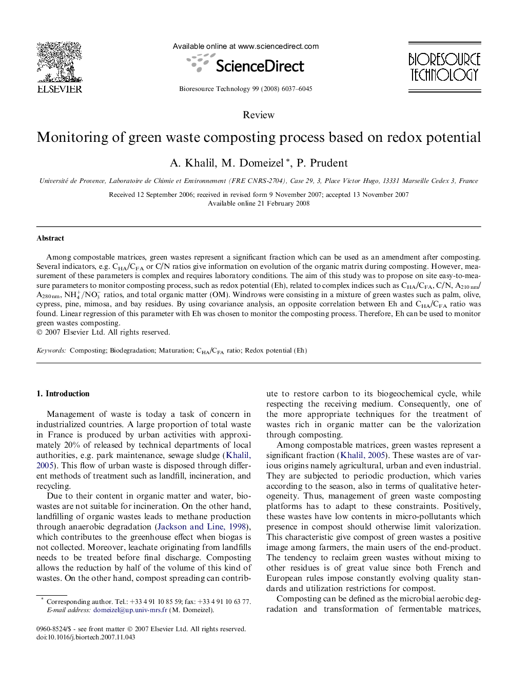 Monitoring of green waste composting process based on redox potential