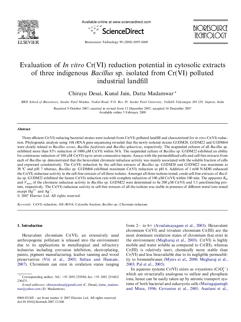 Evaluation of In vitro Cr(VI) reduction potential in cytosolic extracts of three indigenous Bacillus sp. isolated from Cr(VI) polluted industrial landfill