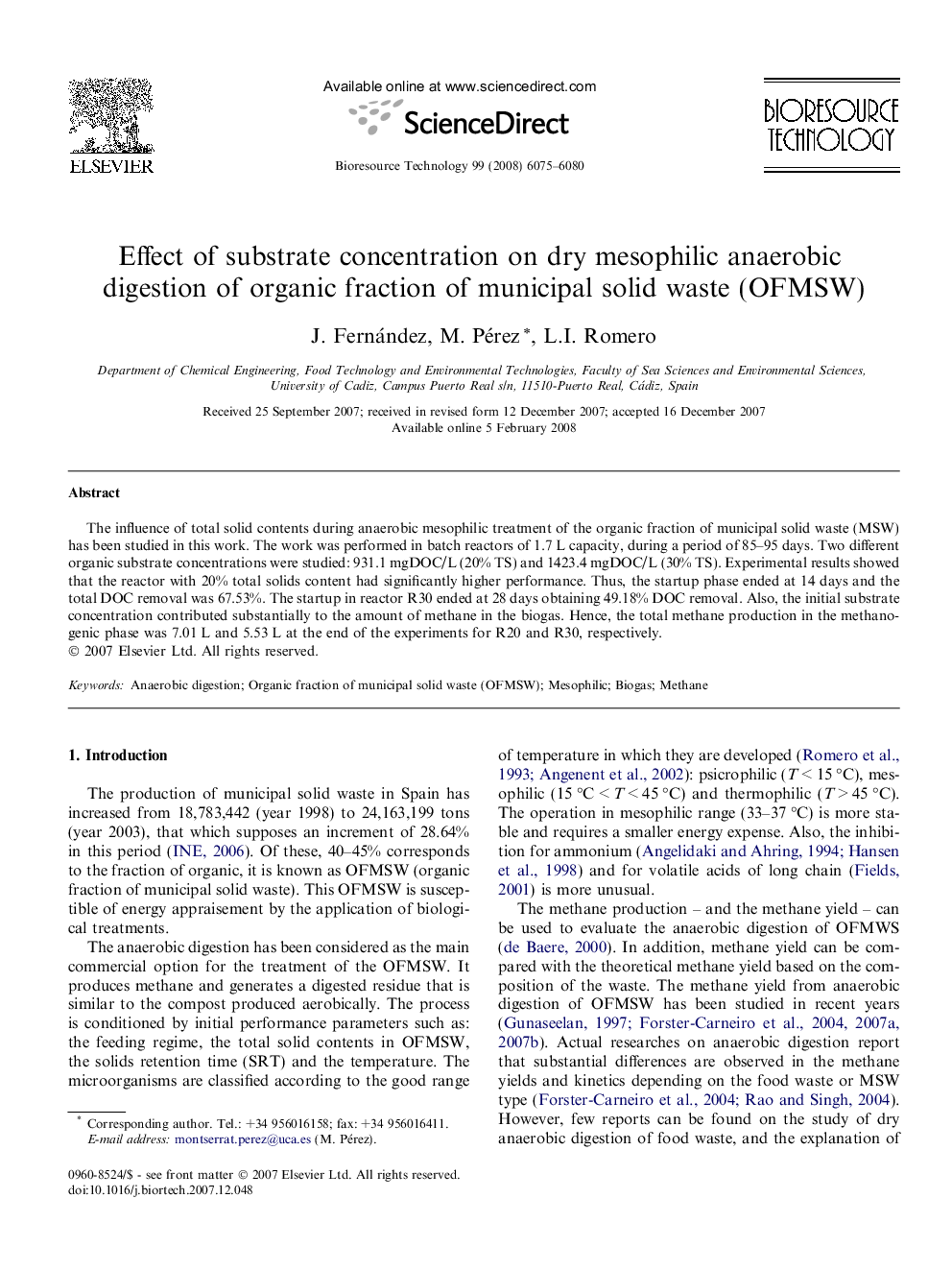 Effect of substrate concentration on dry mesophilic anaerobic digestion of organic fraction of municipal solid waste (OFMSW)