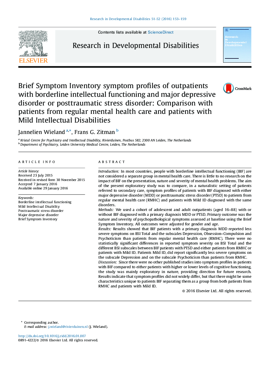 Brief Symptom Inventory symptom profiles of outpatients with borderline intellectual functioning and major depressive disorder or posttraumatic stress disorder: Comparison with patients from regular mental health care and patients with Mild Intellectual D