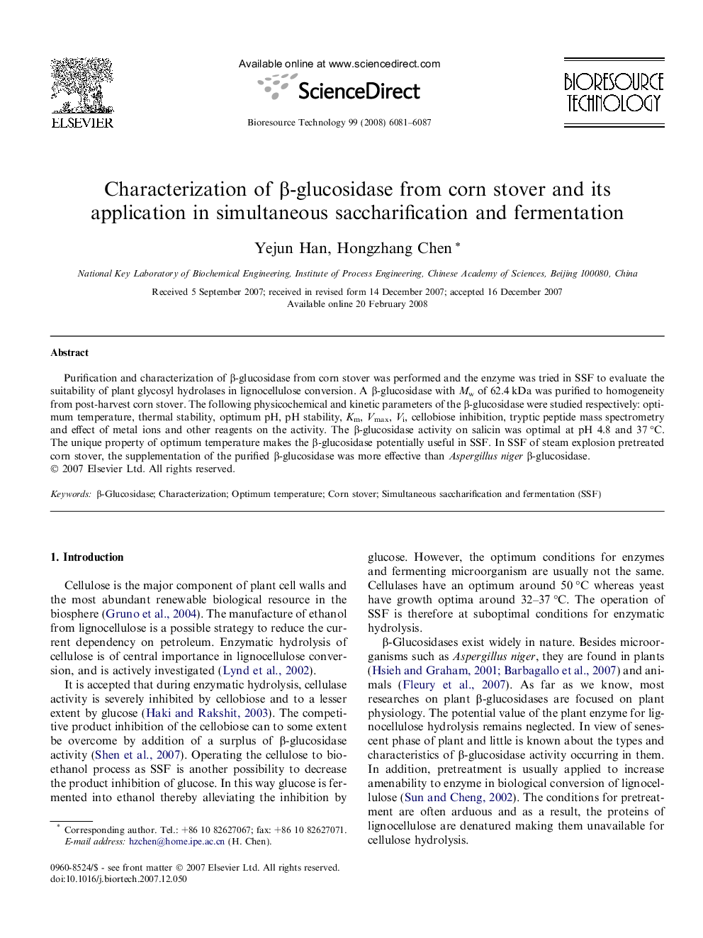 Characterization of β-glucosidase from corn stover and its application in simultaneous saccharification and fermentation