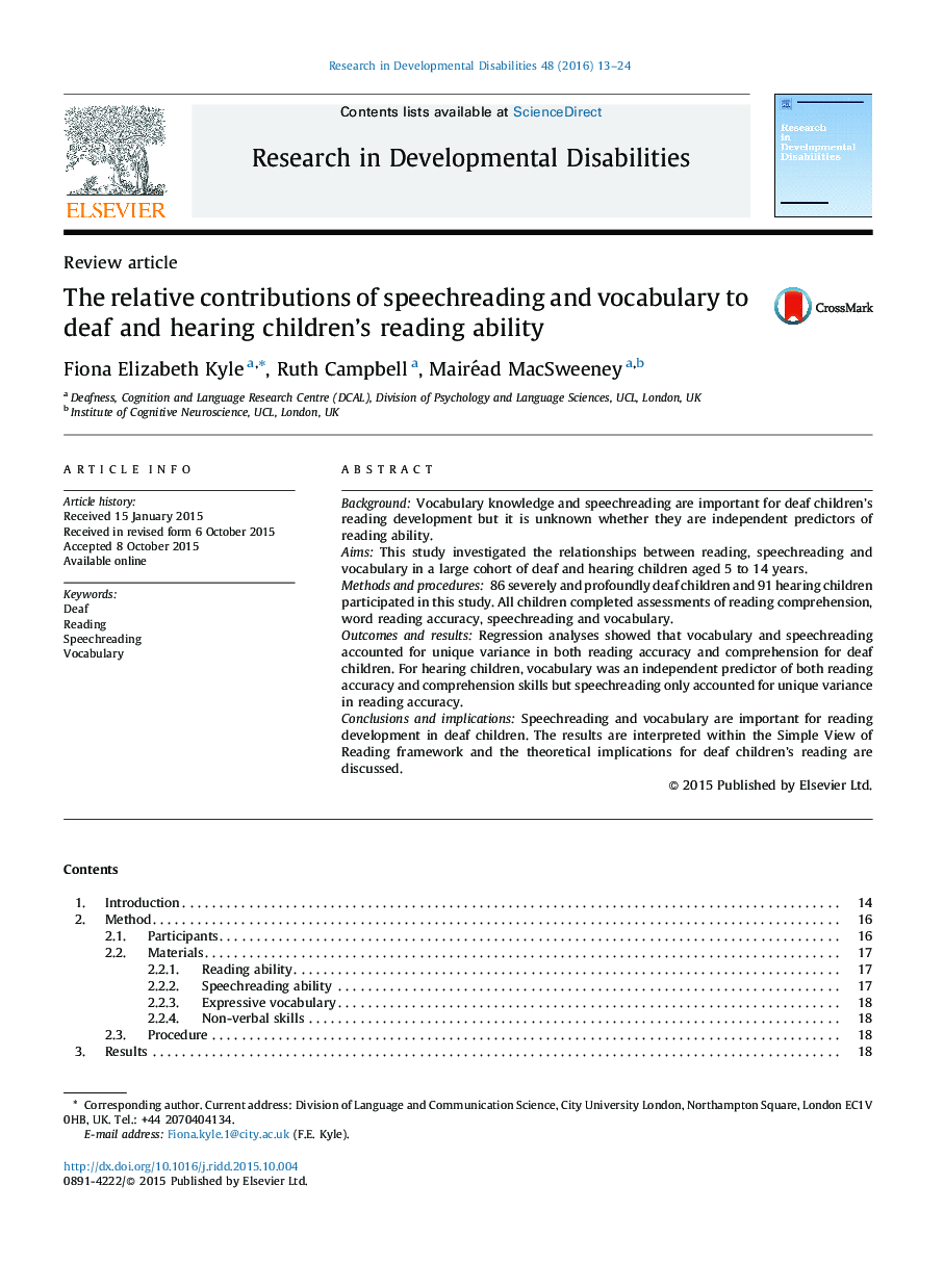 The relative contributions of speechreading and vocabulary to deaf and hearing children's reading ability