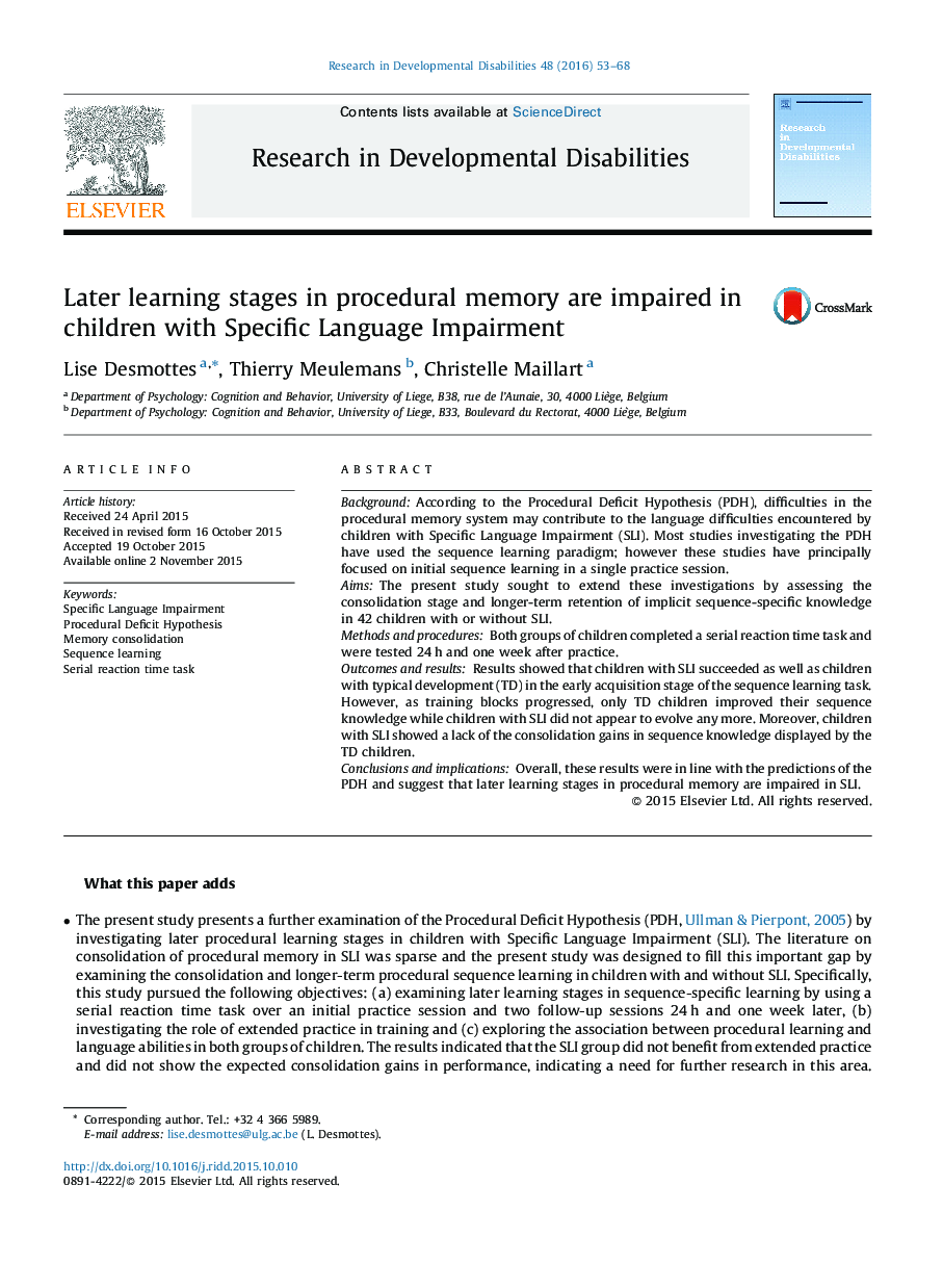 Later learning stages in procedural memory are impaired in children with Specific Language Impairment