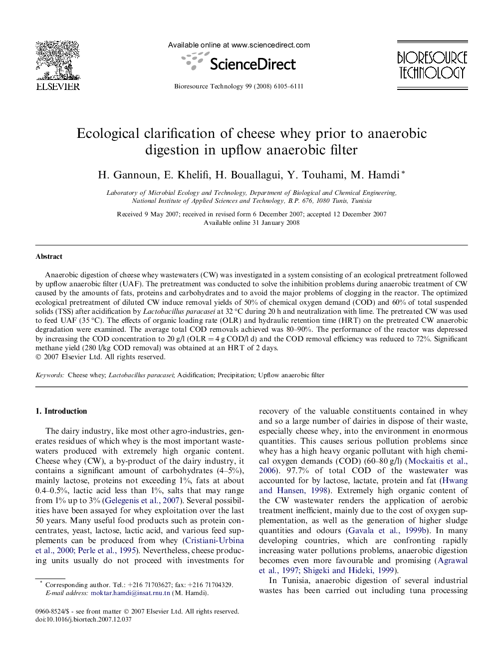 Ecological clarification of cheese whey prior to anaerobic digestion in upflow anaerobic filter