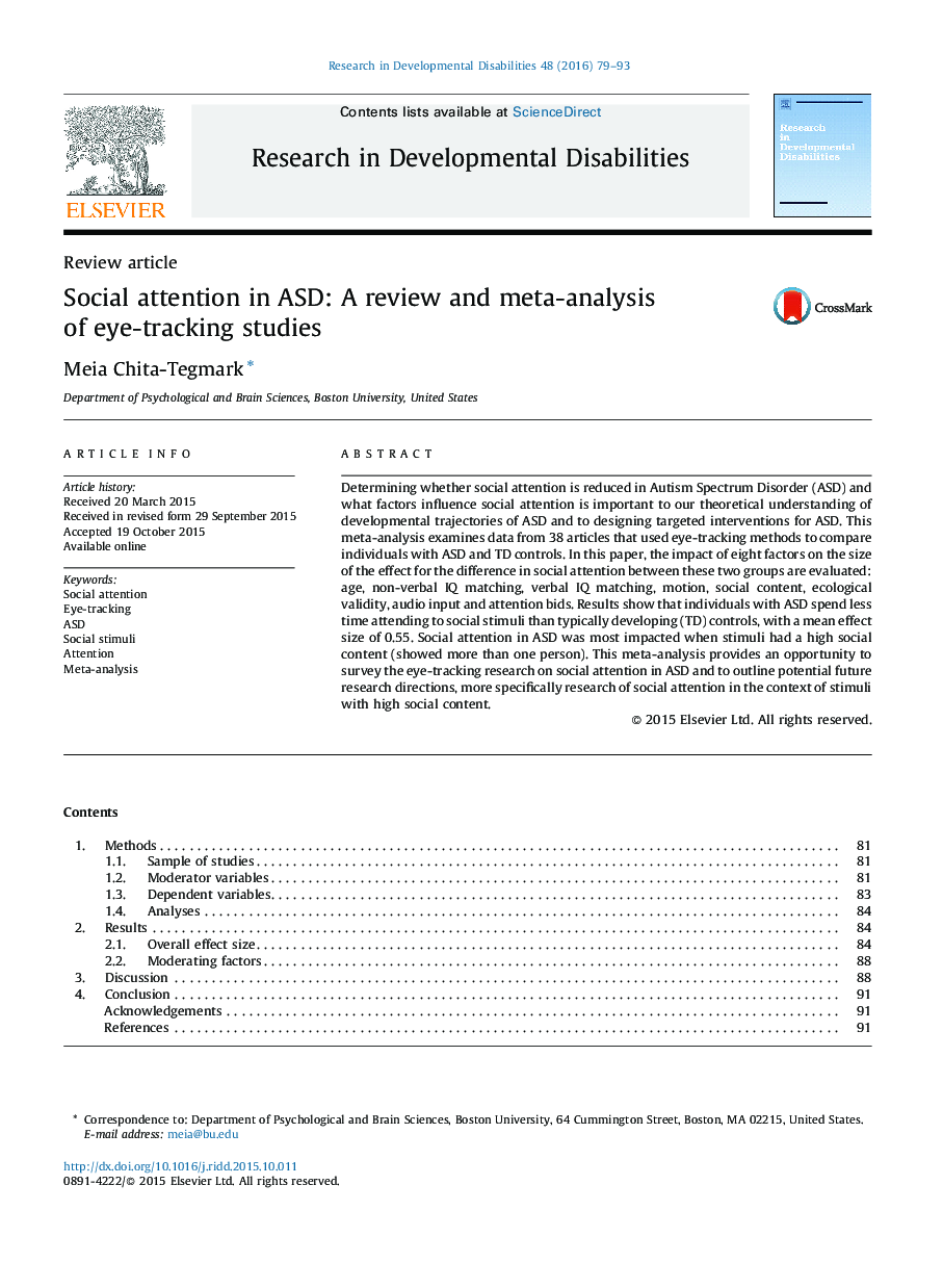 Social attention in ASD: A review and meta-analysis of eye-tracking studies