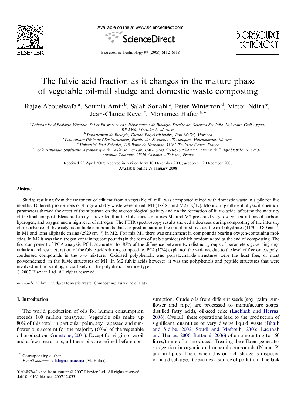 The fulvic acid fraction as it changes in the mature phase of vegetable oil-mill sludge and domestic waste composting