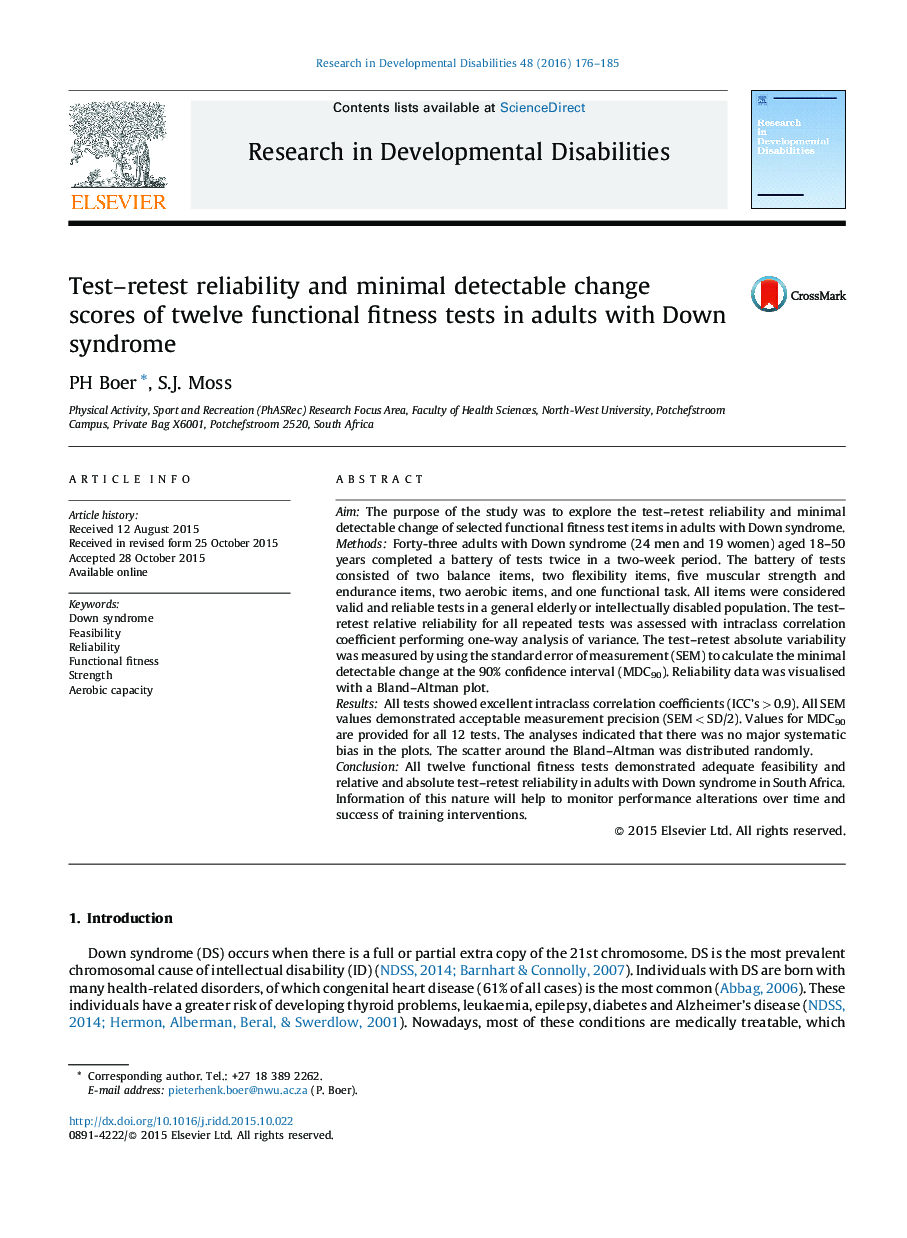 Test-retest reliability and minimal detectable change scores of twelve functional fitness tests in adults with Down syndrome
