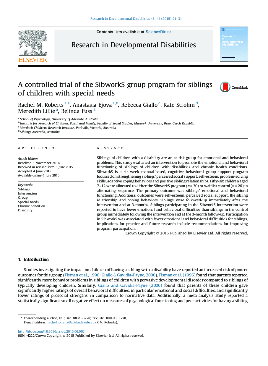 A controlled trial of the SibworkS group program for siblings of children with special needs