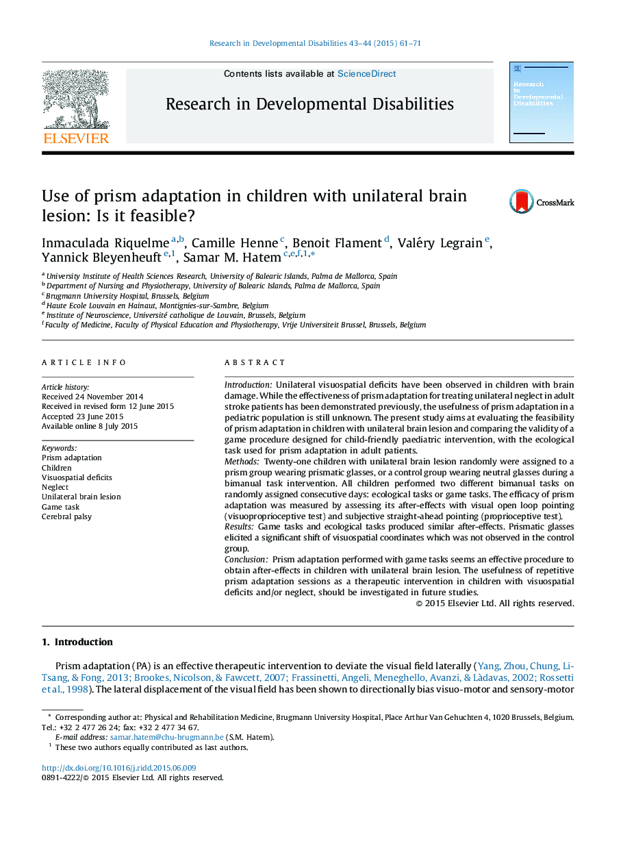 Use of prism adaptation in children with unilateral brain lesion: Is it feasible?