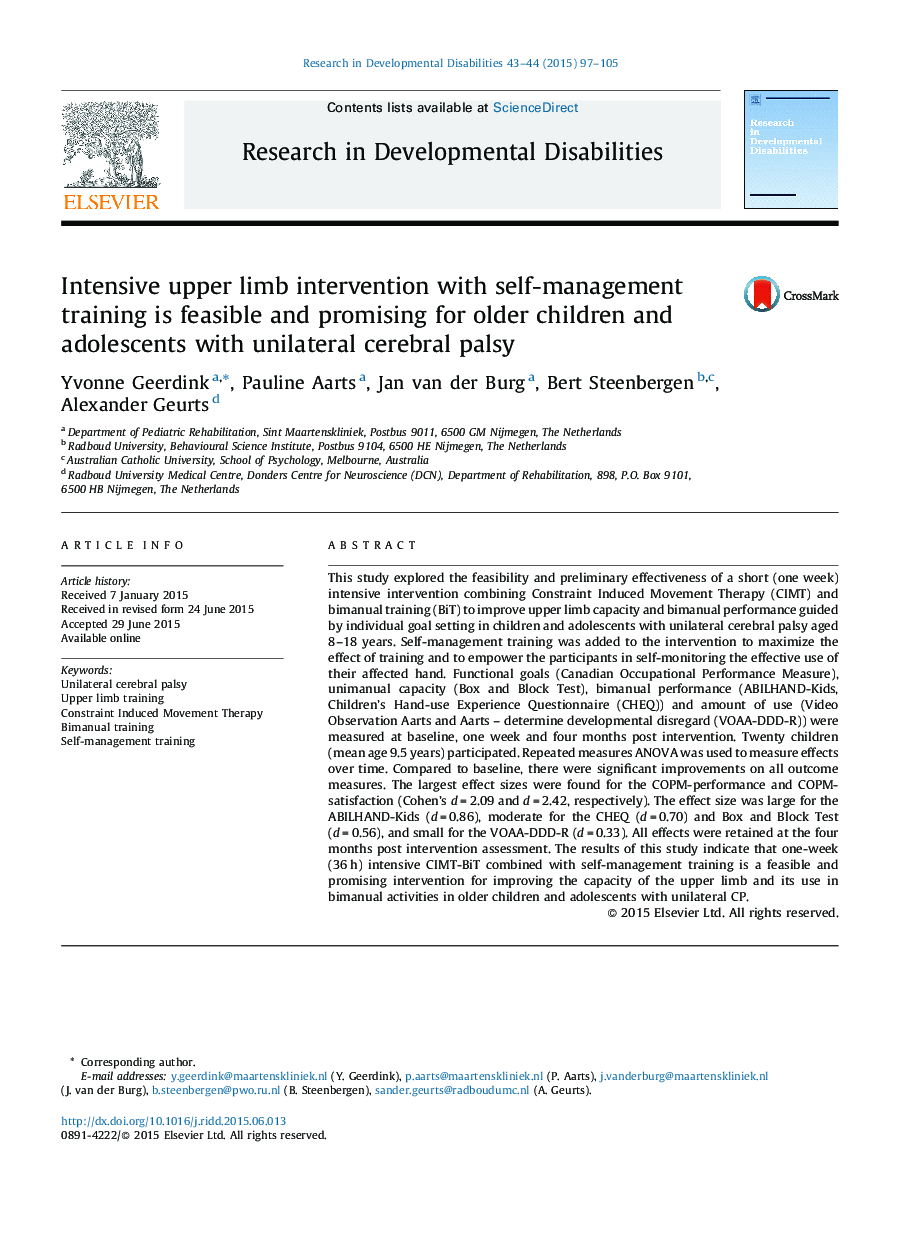 Intensive upper limb intervention with self-management training is feasible and promising for older children and adolescents with unilateral cerebral palsy