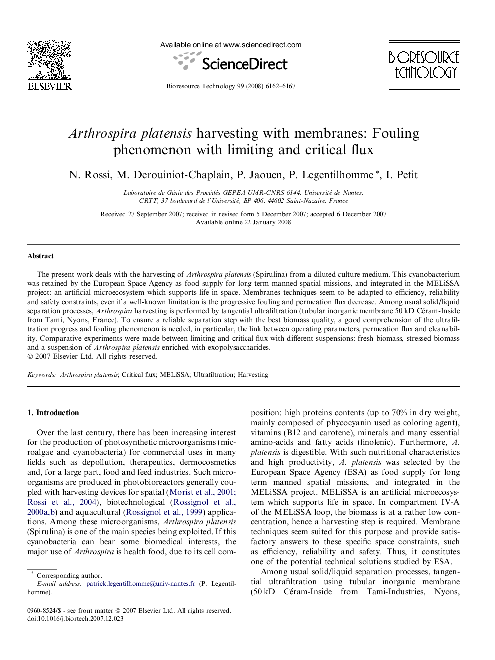 Arthrospira platensis harvesting with membranes: Fouling phenomenon with limiting and critical flux