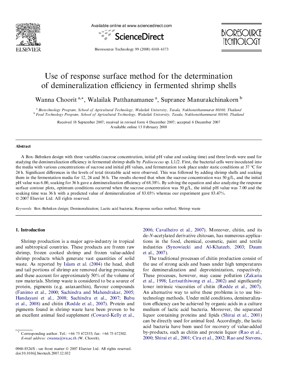 عکس صفحه اول مقاله: Use of response surface method for the determination of demineralization efficiency in fermented shrimp shells Use of response surface method for the determination of demineralization efficiency in fermented shrimp shells