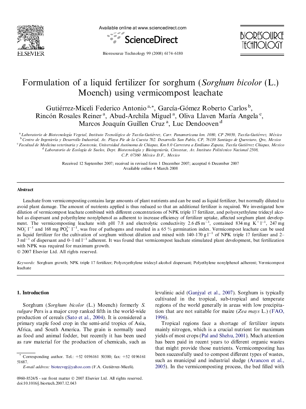 Formulation of a liquid fertilizer for sorghum (Sorghum bicolor (L.) Moench) using vermicompost leachate