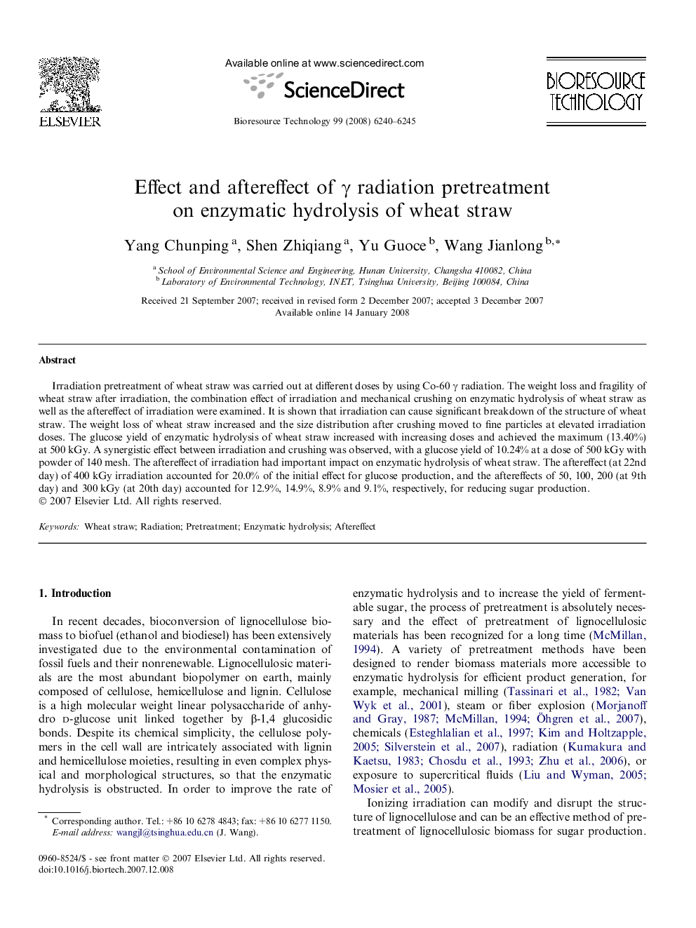 عکس صفحه اول مقاله: Effect and aftereffect of γ radiation pretreatment on enzymatic hydrolysis of wheat straw Effect and aftereffect of γ radiation pretreatment on enzymatic hydrolysis of wheat straw