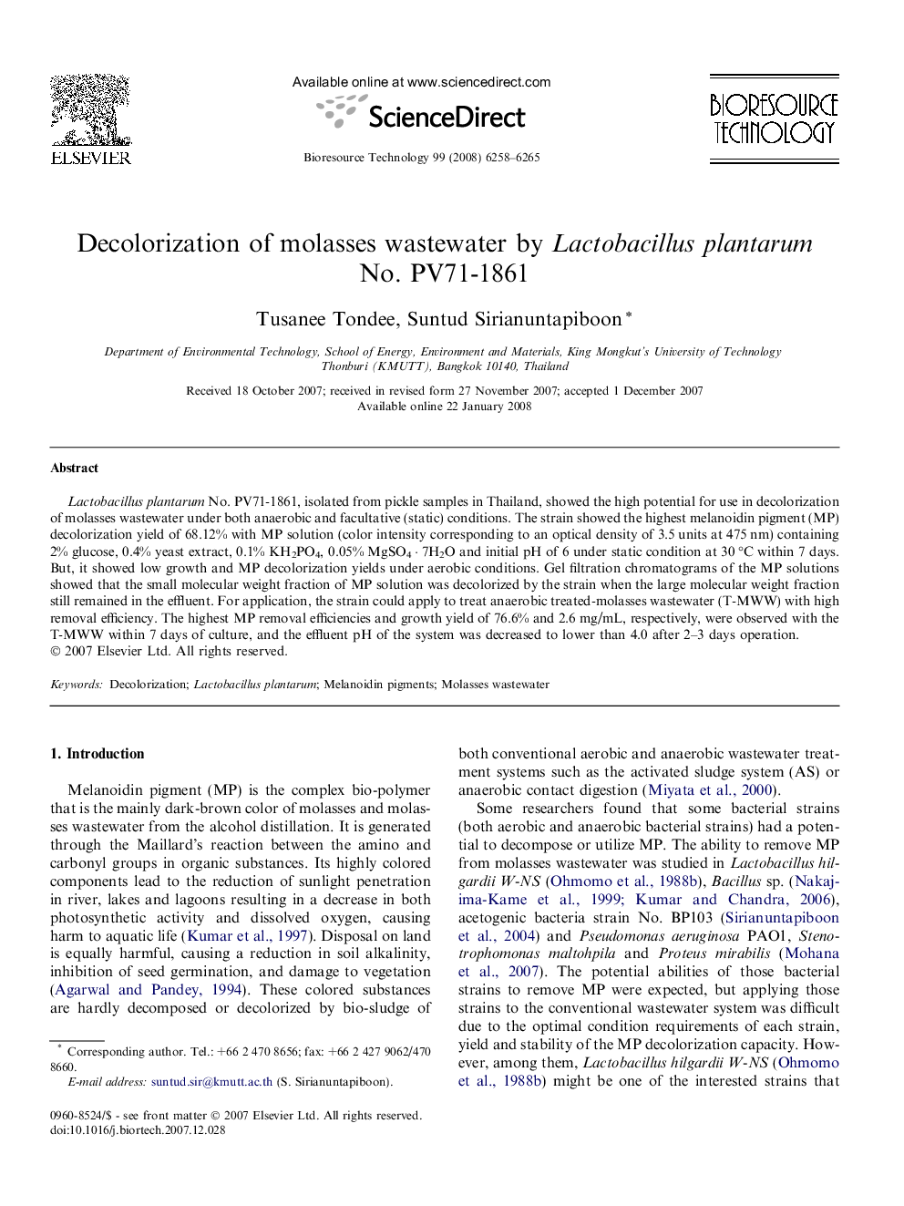 Decolorization of molasses wastewater by Lactobacillus plantarum No. PV71-1861