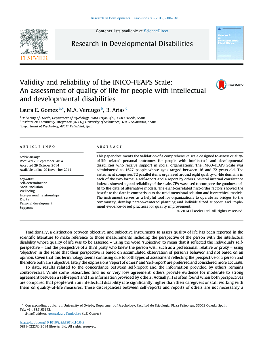 Validity and reliability of the INICO-FEAPS Scale: An assessment of quality of life for people with intellectual and developmental disabilities