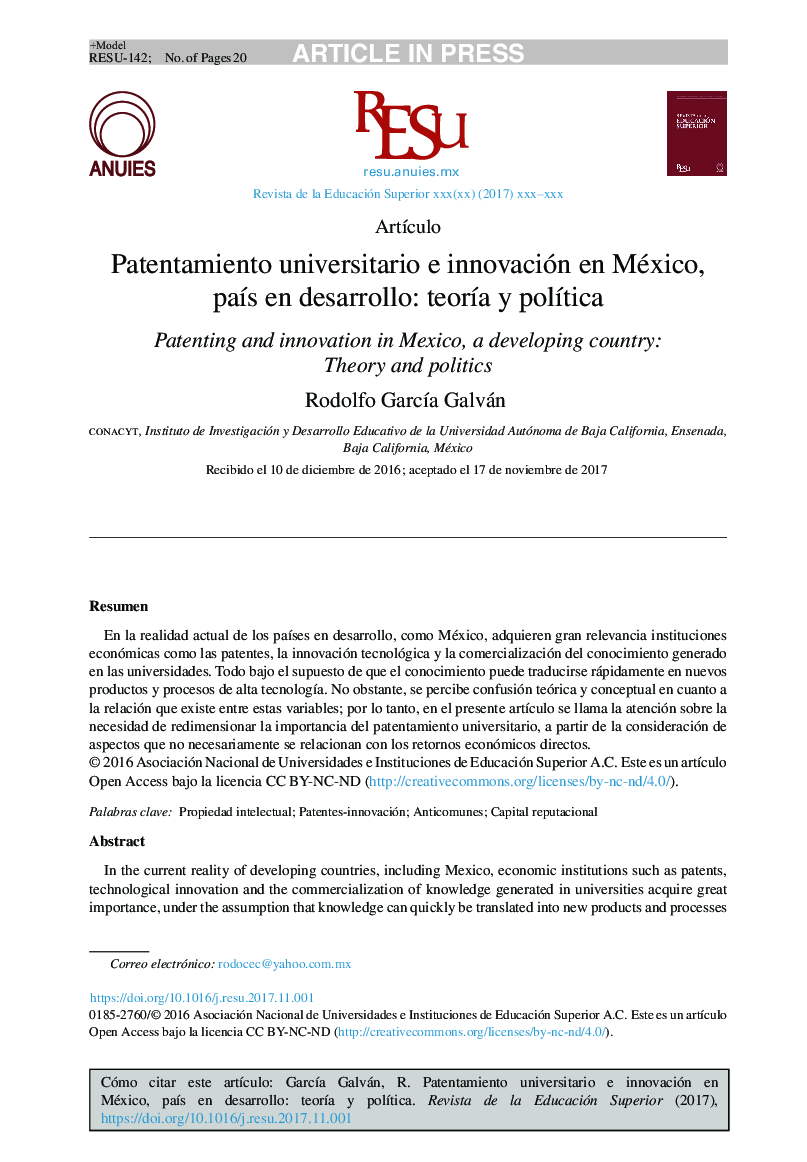 Patentamiento universitario e innovación en México, paÃ­s en desarrollo: teorÃ­a y polÃ­tica