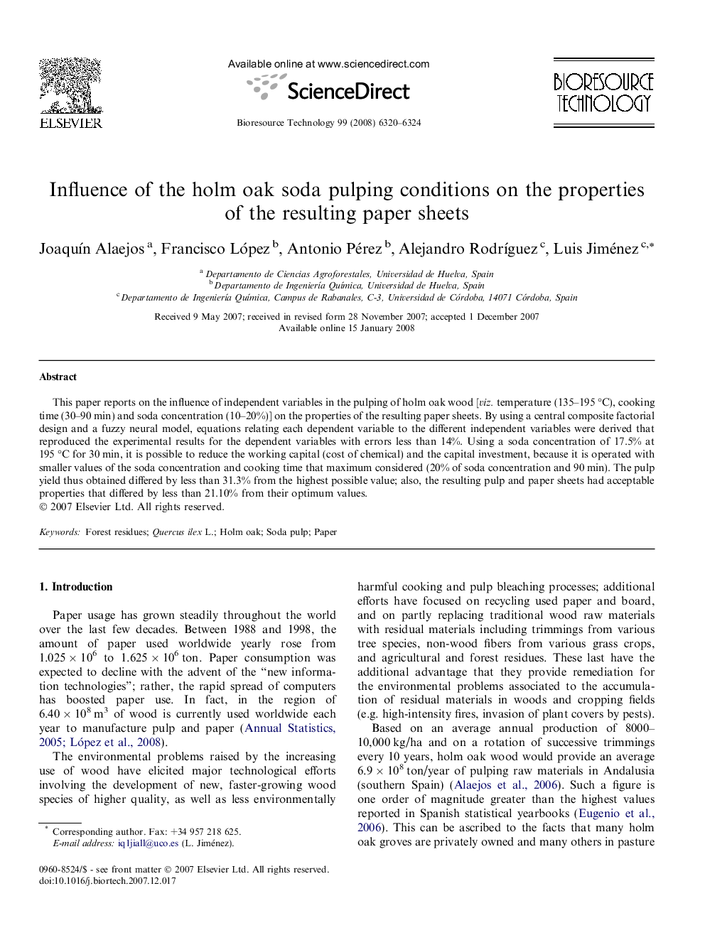 Influence of the holm oak soda pulping conditions on the properties of the resulting paper sheets