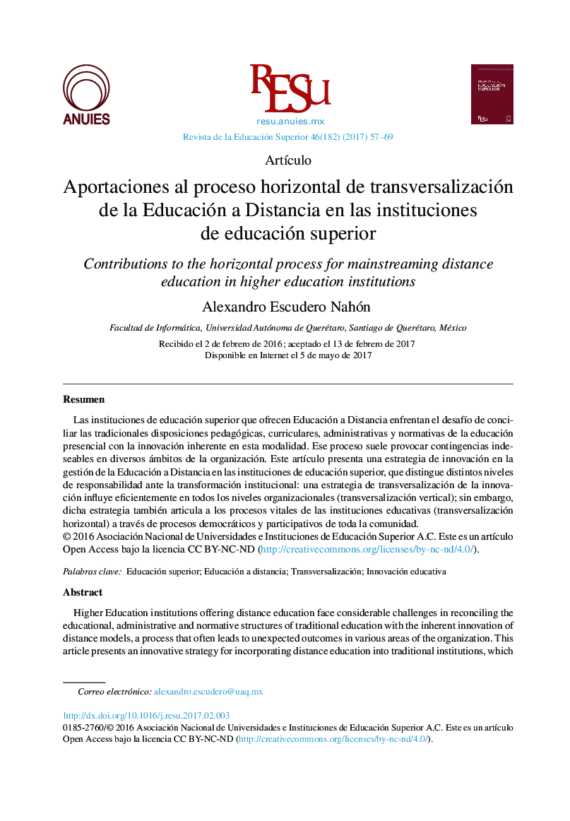 Aportaciones al proceso horizontal de transversalización de la Educación a Distancia en las instituciones de educación superior