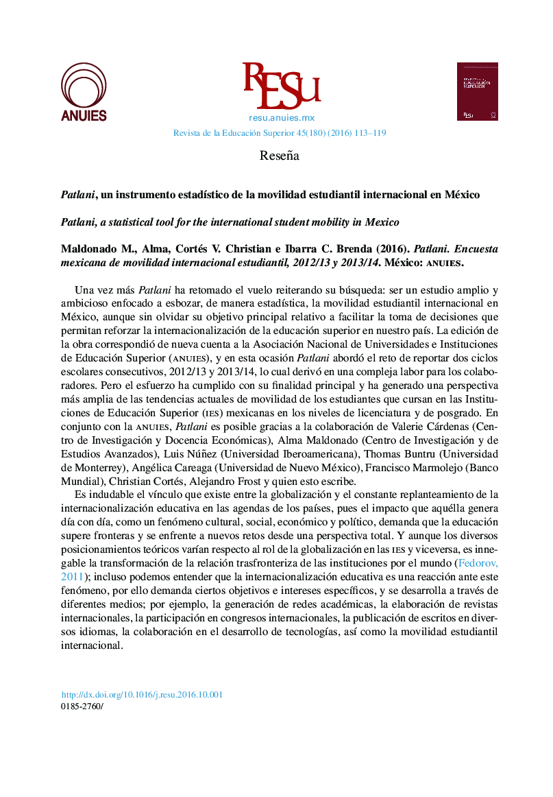 Patlani, un instrumento estadÃ­stico de la movilidad estudiantil internacional en México