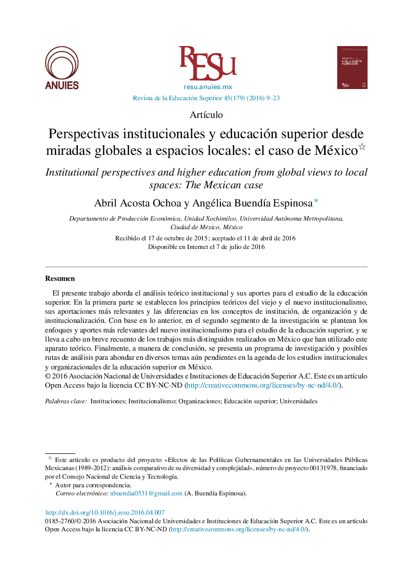 Perspectivas institucionales y educación superior desde miradas globales a espacios locales: el caso de México