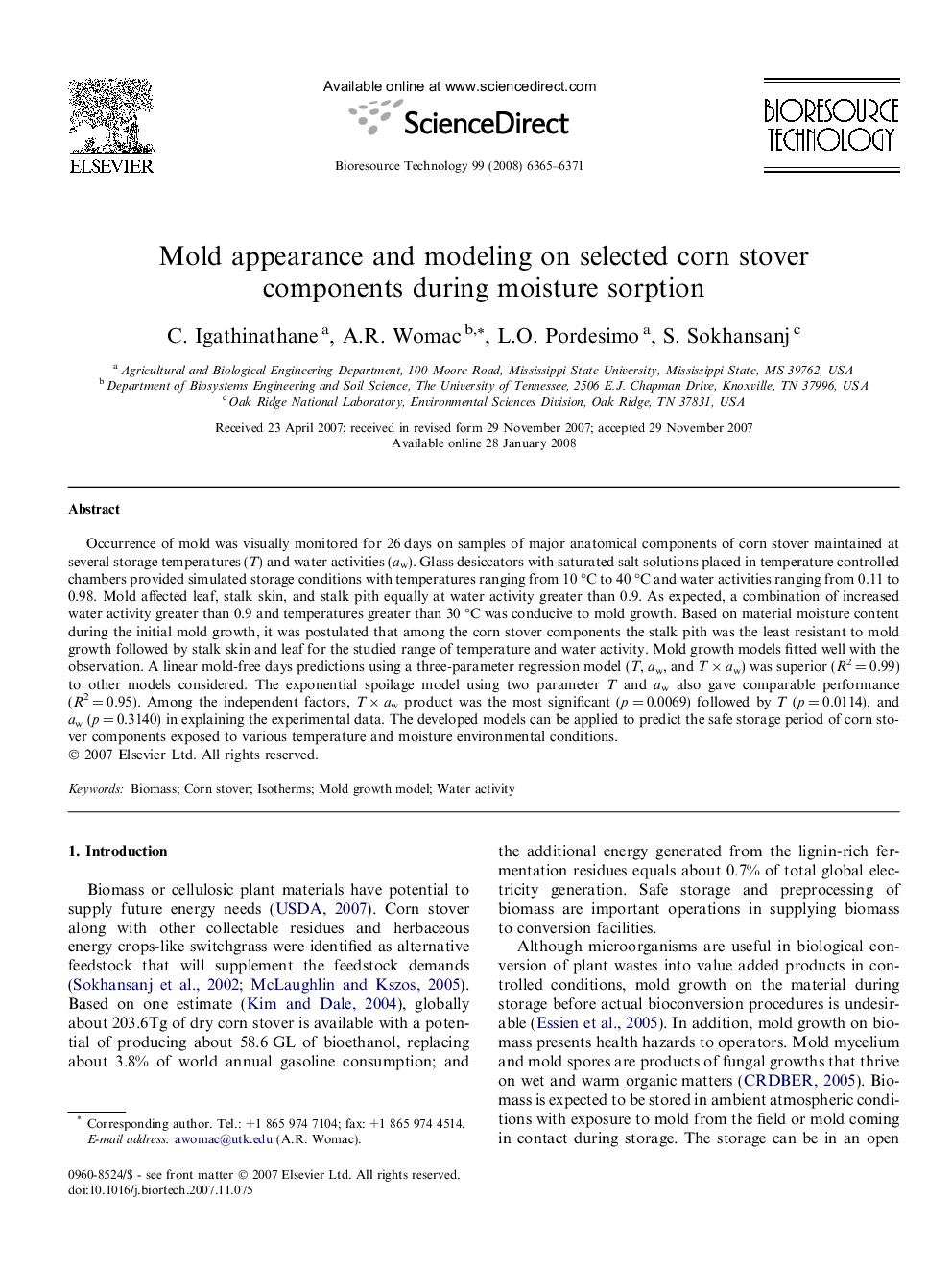 Mold appearance and modeling on selected corn stover components during moisture sorption