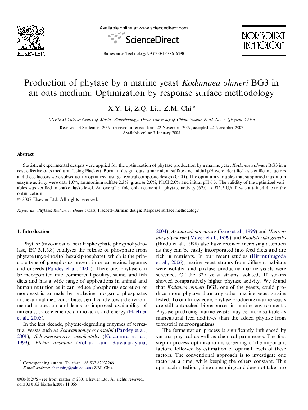 Production of phytase by a marine yeast Kodamaea ohmeri BG3 in an oats medium: Optimization by response surface methodology