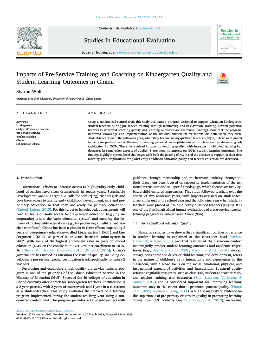 Impacts of Pre-Service Training and Coaching on Kindergarten Quality and Student Learning Outcomes in Ghana