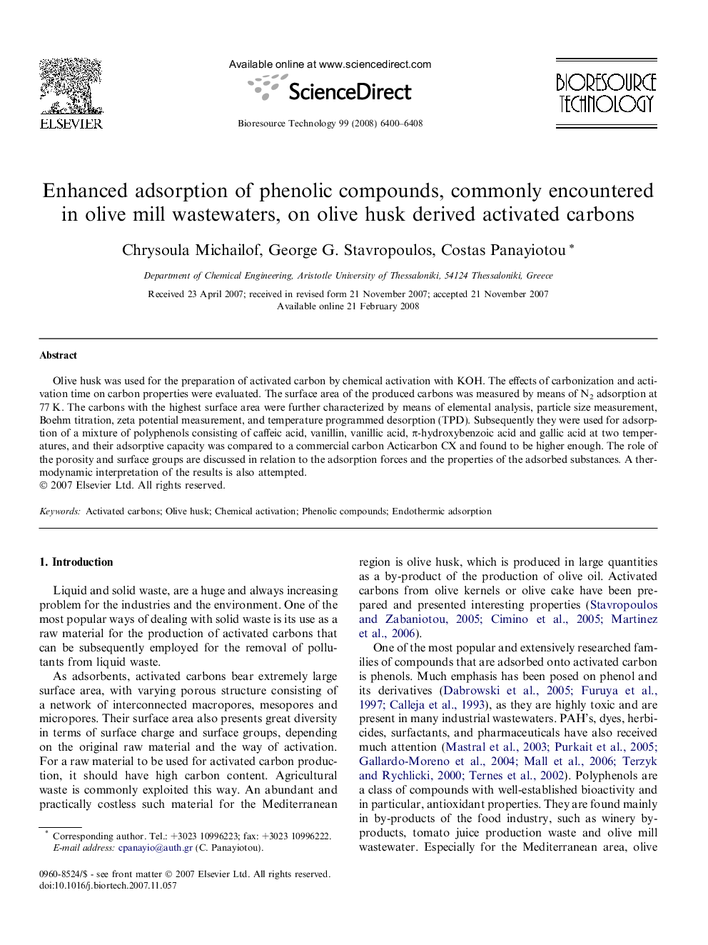 Enhanced adsorption of phenolic compounds, commonly encountered in olive mill wastewaters, on olive husk derived activated carbons