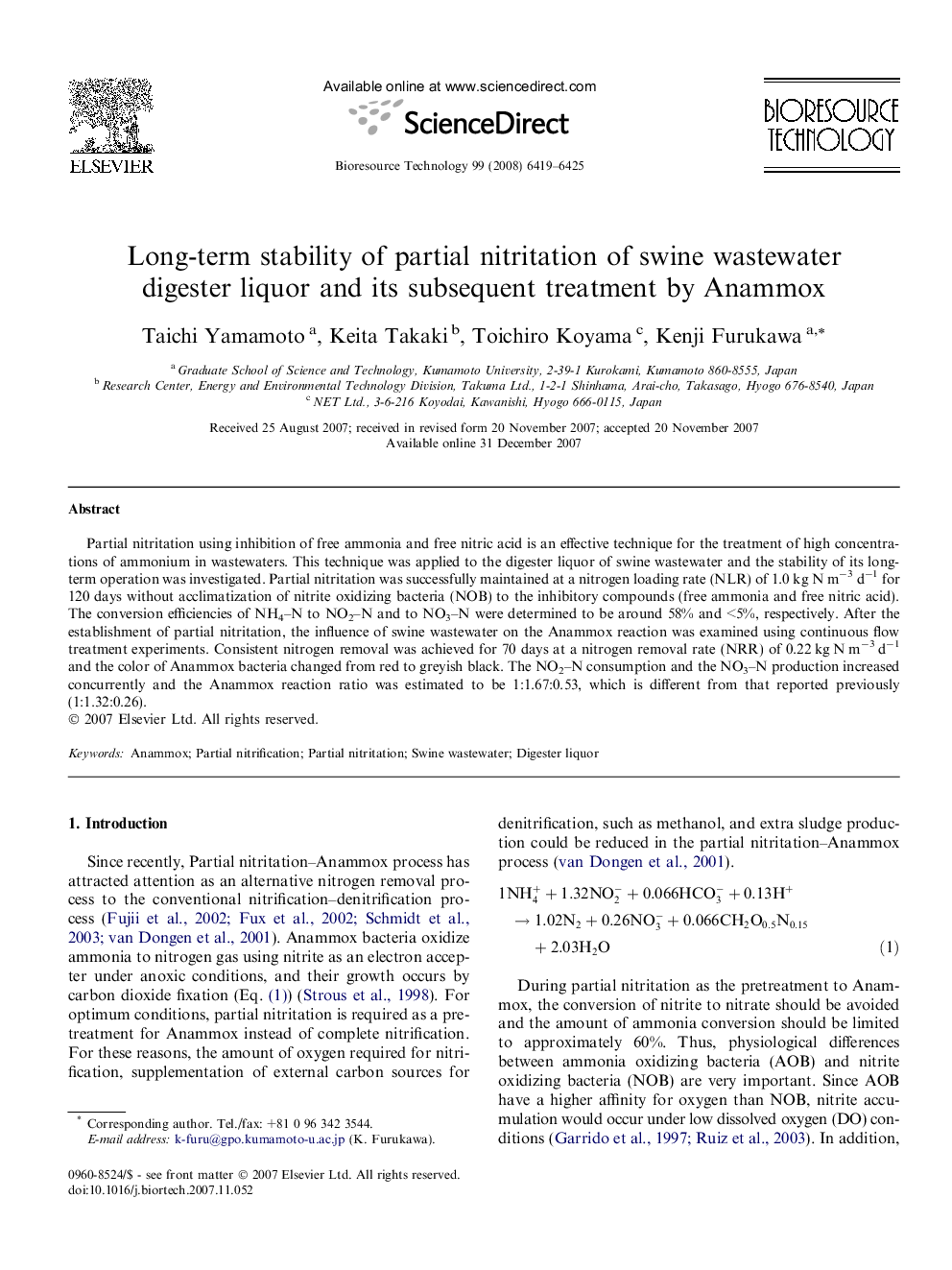 Long-term stability of partial nitritation of swine wastewater digester liquor and its subsequent treatment by Anammox