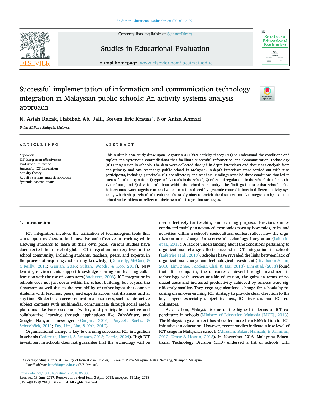 Successful implementation of information and communication technology integration in Malaysian public schools: An activity systems analysis approach