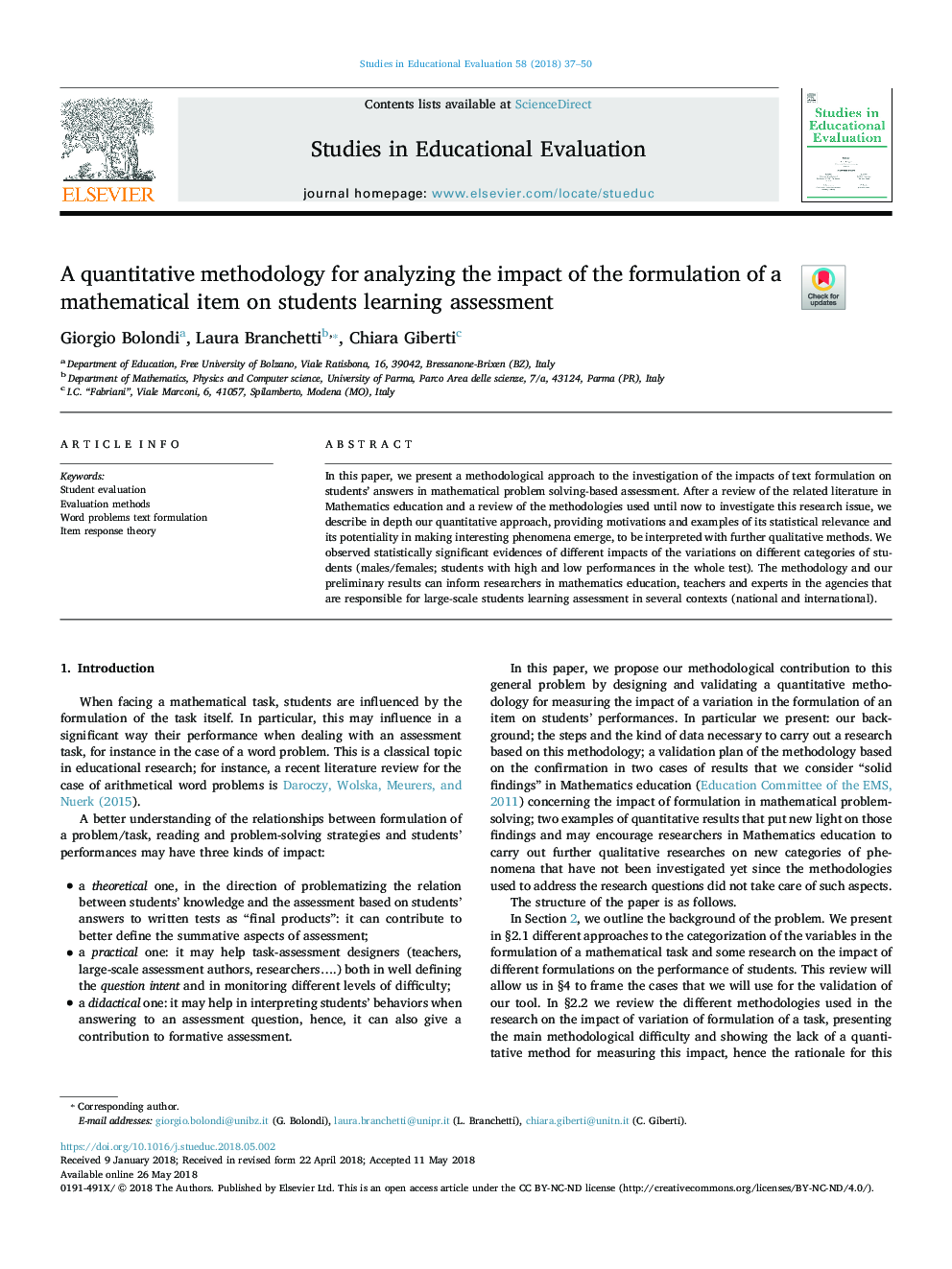 A quantitative methodology for analyzing the impact of the formulation of a mathematical item on students learning assessment