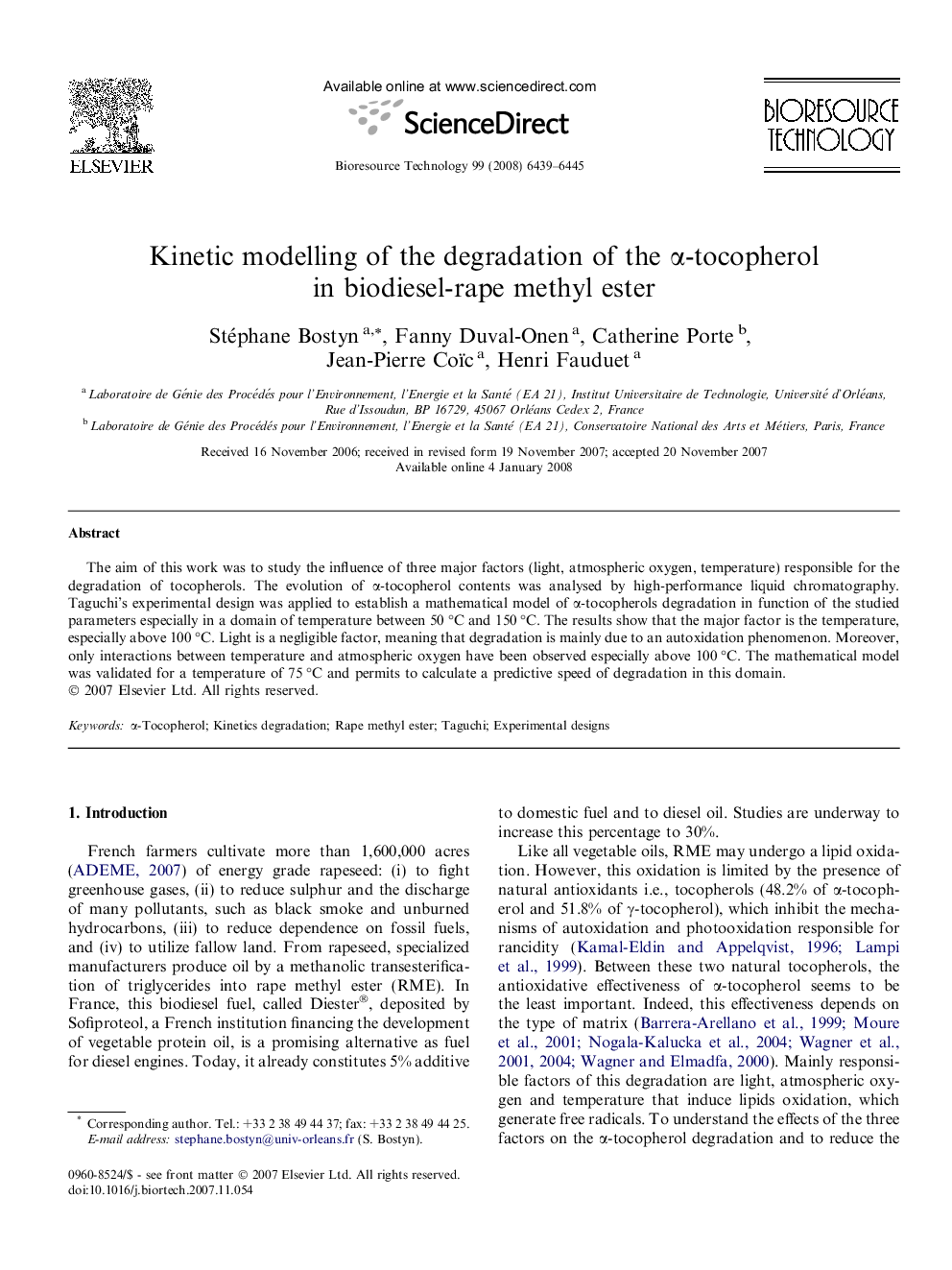 Kinetic modelling of the degradation of the α-tocopherol in biodiesel-rape methyl ester