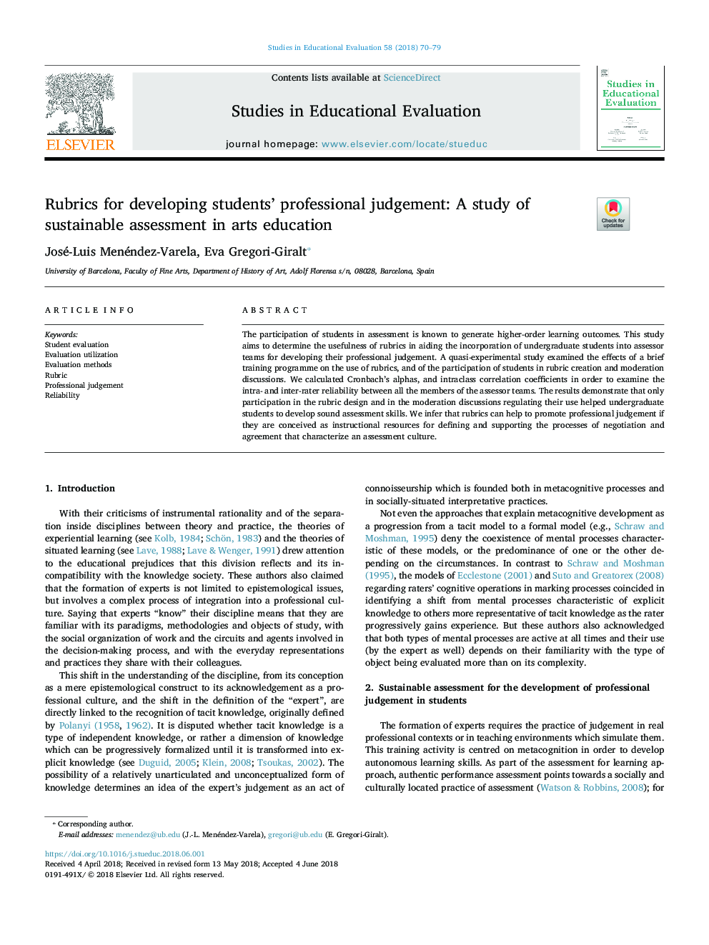 Rubrics for developing students' professional judgement: A study of sustainable assessment in arts education