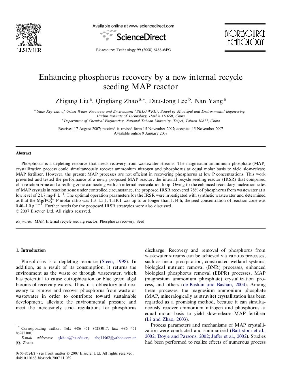 Enhancing phosphorus recovery by a new internal recycle seeding MAP reactor