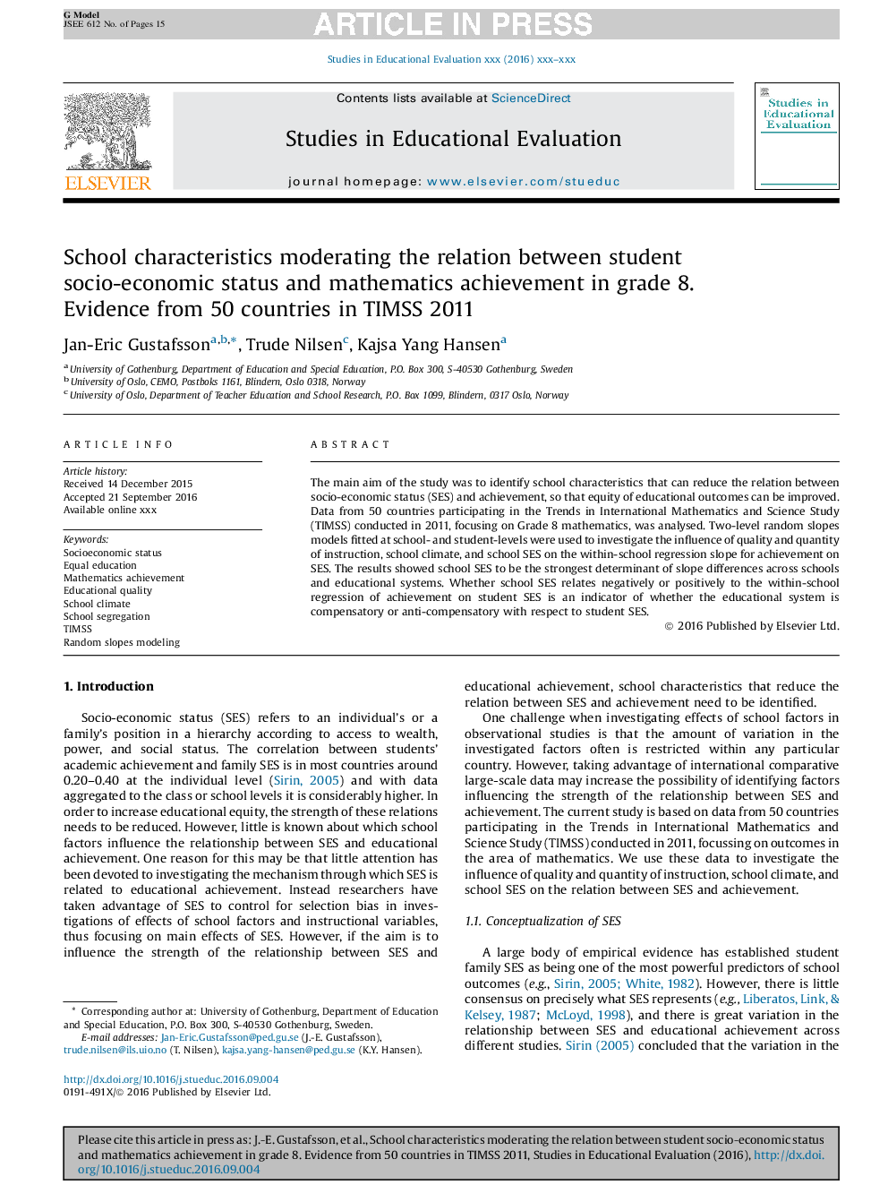 School characteristics moderating the relation between student socio-economic status and mathematics achievement in grade 8. Evidence from 50 countries in TIMSS 2011