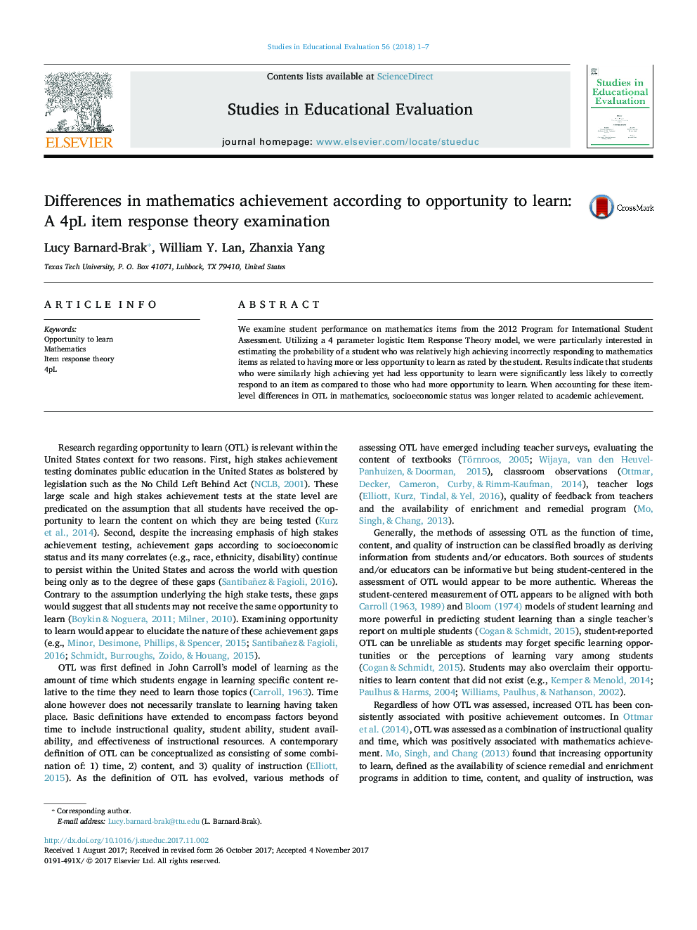 Differences in mathematics achievement according to opportunity to learn: A 4pL item response theory examination