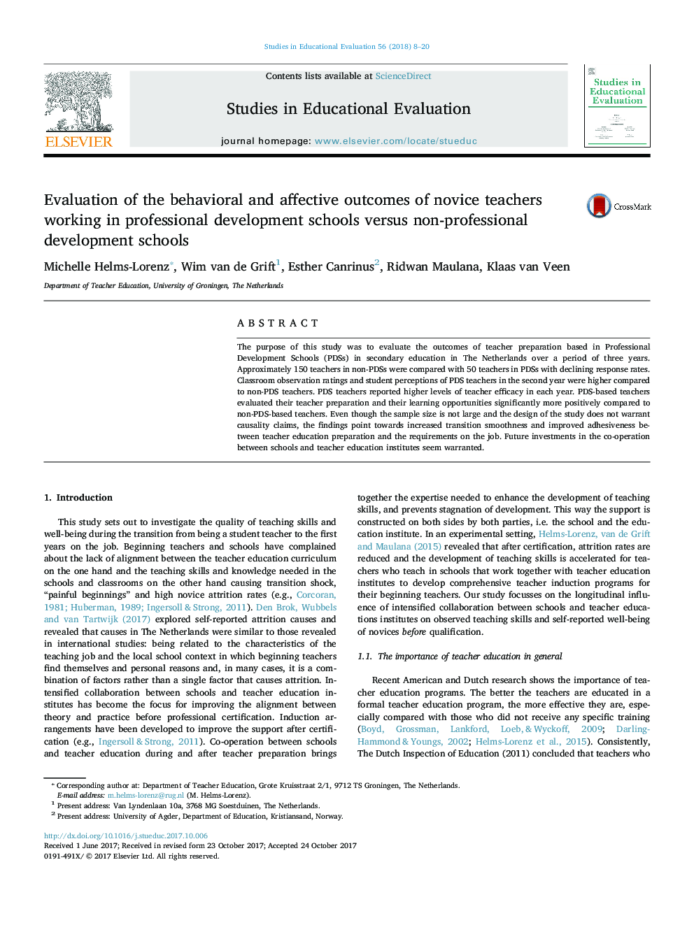 Evaluation of the behavioral and affective outcomes of novice teachers working in professional development schools versus non-professional development schools