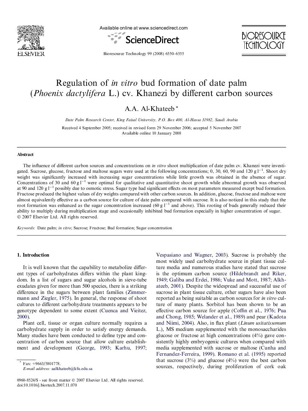 Regulation of in vitro bud formation of date palm (Phoenix dactylifera L.) cv. Khanezi by different carbon sources