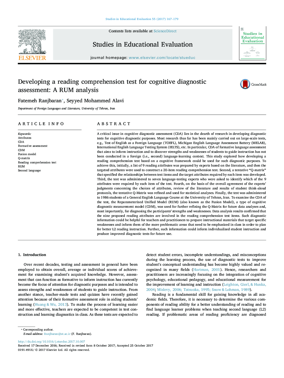 Developing a reading comprehension test for cognitive diagnostic assessment: A RUM analysis